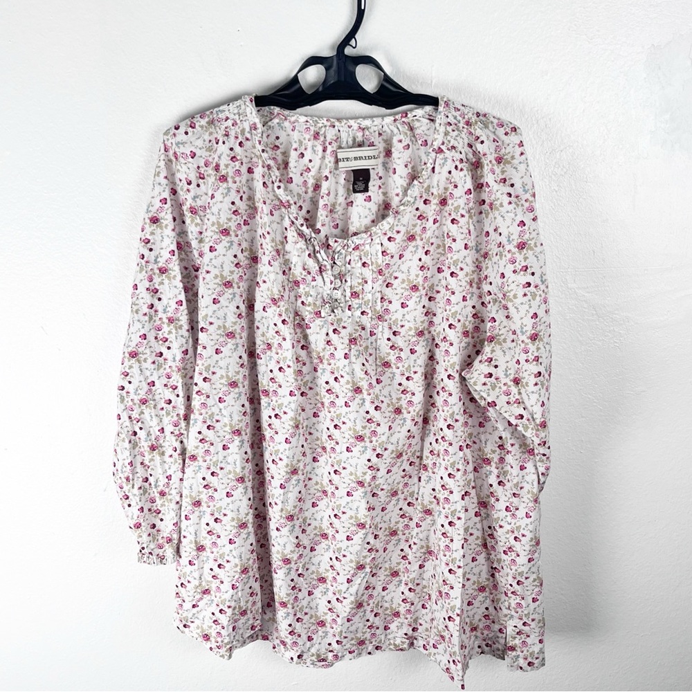 BIT & BRIDLE 100% Cotton Floral Elastic Cuff Sleeves Button Detail Top Size 3X